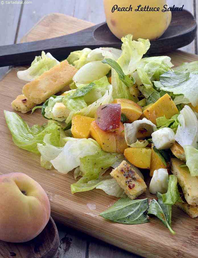 Peach Lettuce Salad, Peach Lettuce Pizza Strips Salad | Tarla Dalal