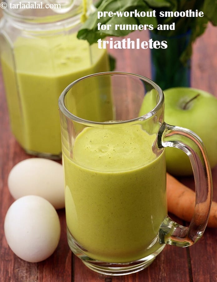 Pre workout smoothie recipe | Indian pre workout smoothie for weight loss | healthy pre workout smoothie for athletes | post workout green smoothie with apples, carrot, spinach | | Tarla Dalal