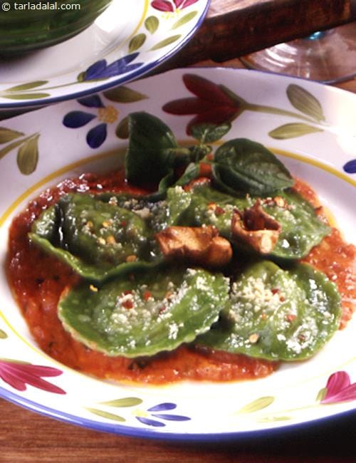 Ratatouille Ravioli with Tomato Cream Sauce | Tarla Dalal
