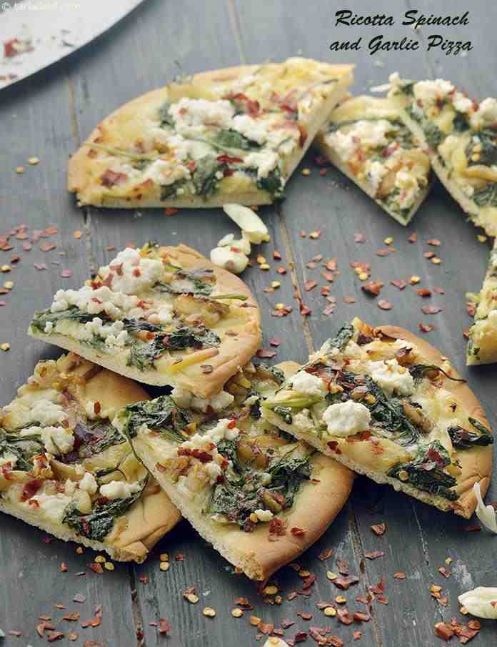 Ricotta Spinach and Garlic Pizza | Tarla Dalal