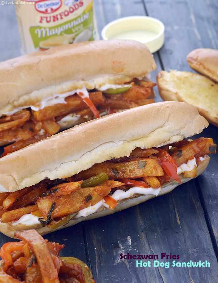 Schezuan Fries Hot Dog Sandwich | Tarla Dalal