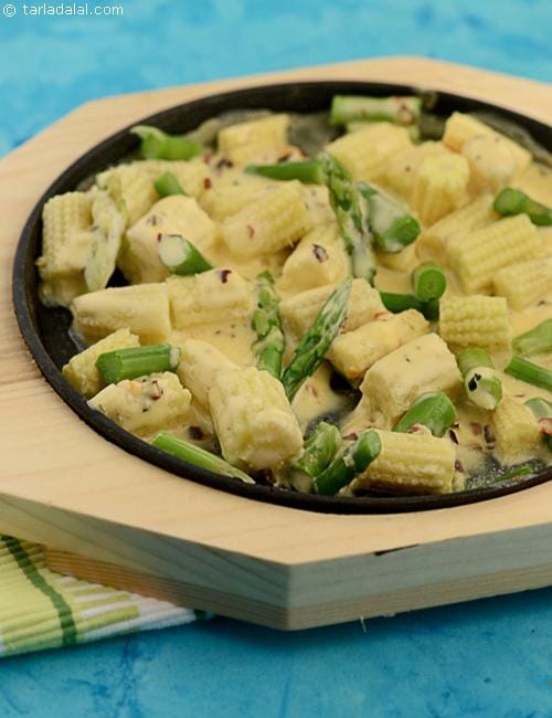 Sizzling Asparagus and Baby Corn, Jain International Recipe | Tarla Dalal