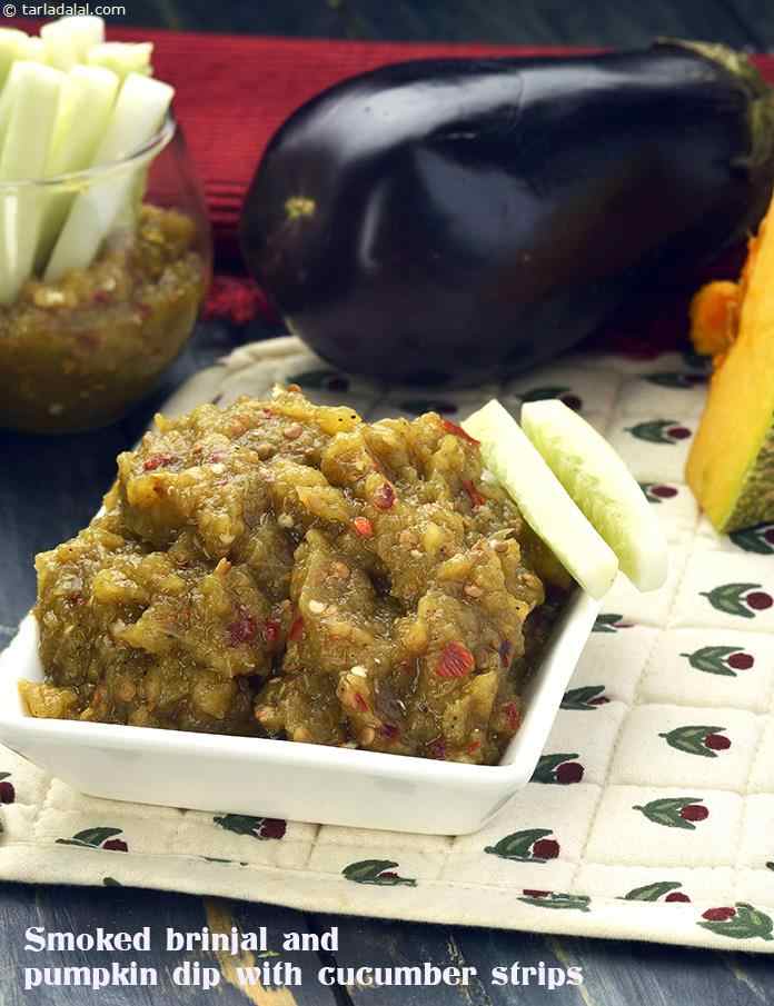 Smoked Brinjal and Pumpkin Dip with Cucumber Strips | Tarla Dalal