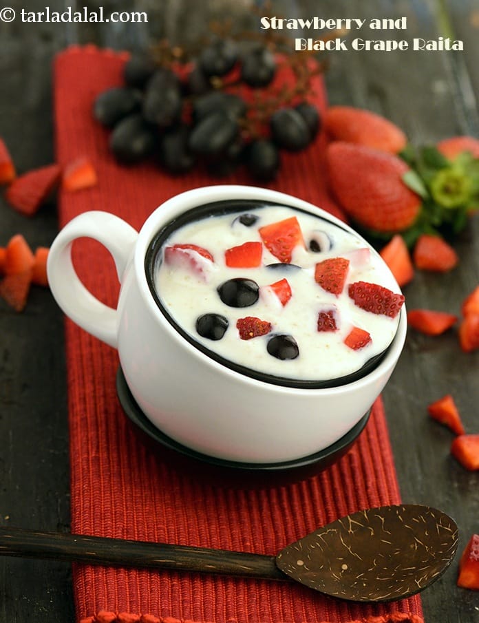 Strawberry and black grape raita | healthy strawberry black grape raita | quick black grape and strawberry raita | | Tarla Dalal