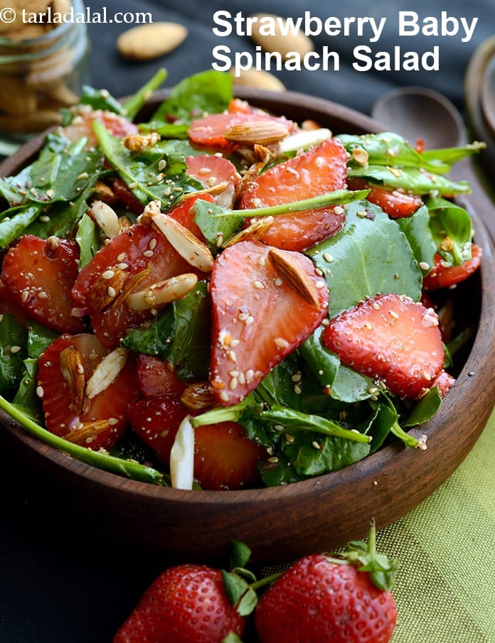 Strawberry baby spinach salad recipe | Indian style strawberry, spinach and almond salad | baby spinach and strawberry salad | | Tarla Dalal
