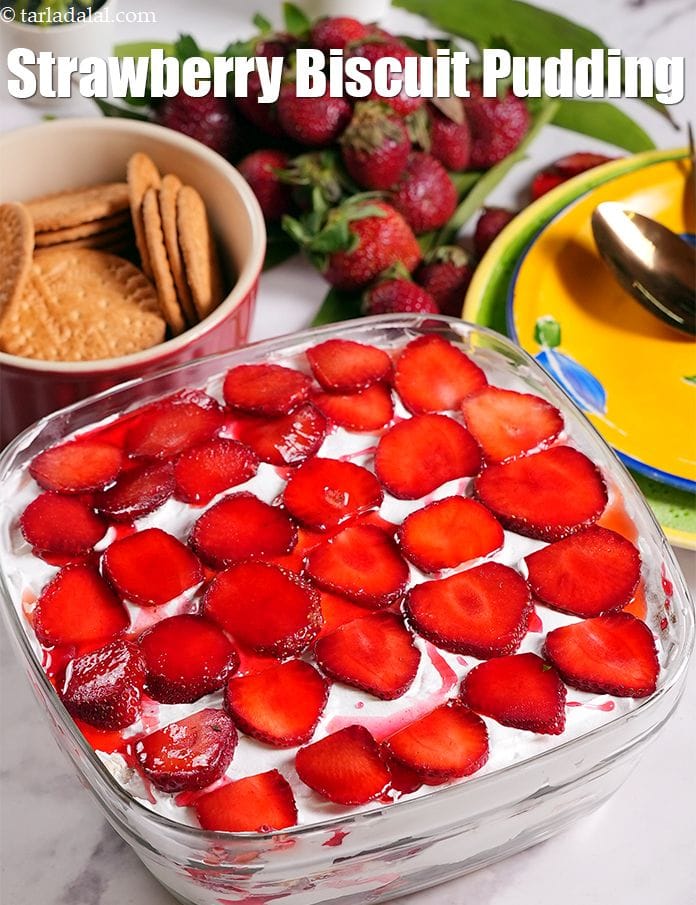 Strawberry biscuit pudding recipe | eggless marie biscuit pudding | easy strawberry biscuit cake | | Tarla Dalal
