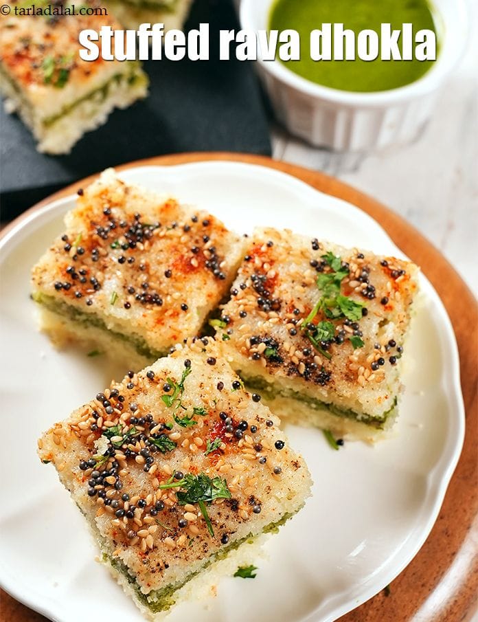 Stuffed rava dhokla | sandwich rava dhokla | suji green chutney stuffed dhokla | | Tarla Dalal