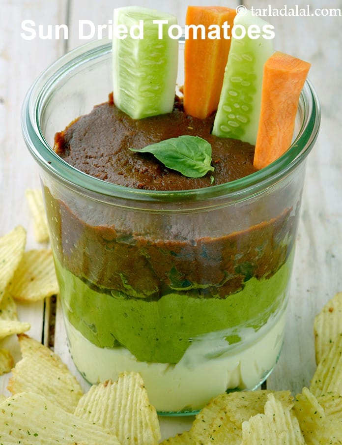 Sun Dried Tomatoes, Pesto and Cream Cheese Cold Dip | Tarla Dalal