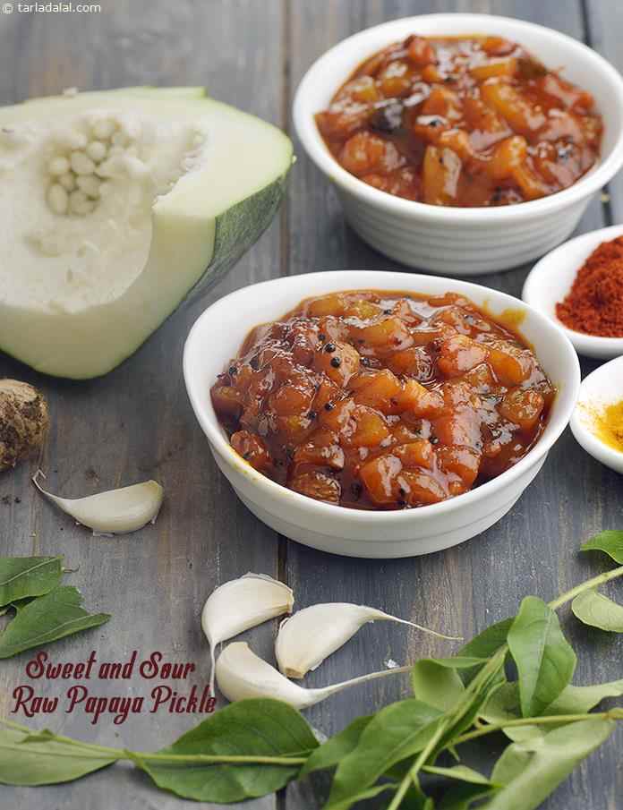 Sweet and Sour Raw Papaya Pickle | Tarla Dalal