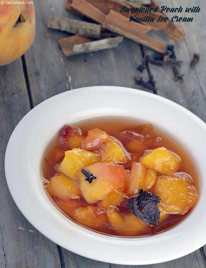 Sweetened Peach with Vanilla Ice Cream | Tarla Dalal