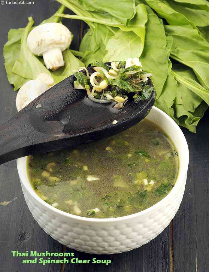 Thai Mushrooms and Spinach Clear Soup | Tarla Dalal