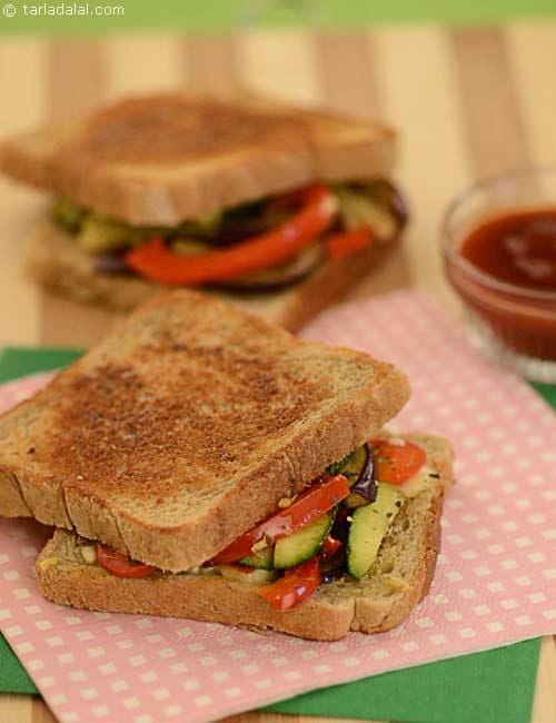 Toasted Eggplant and Zucchini Sandwich | Tarla Dalal