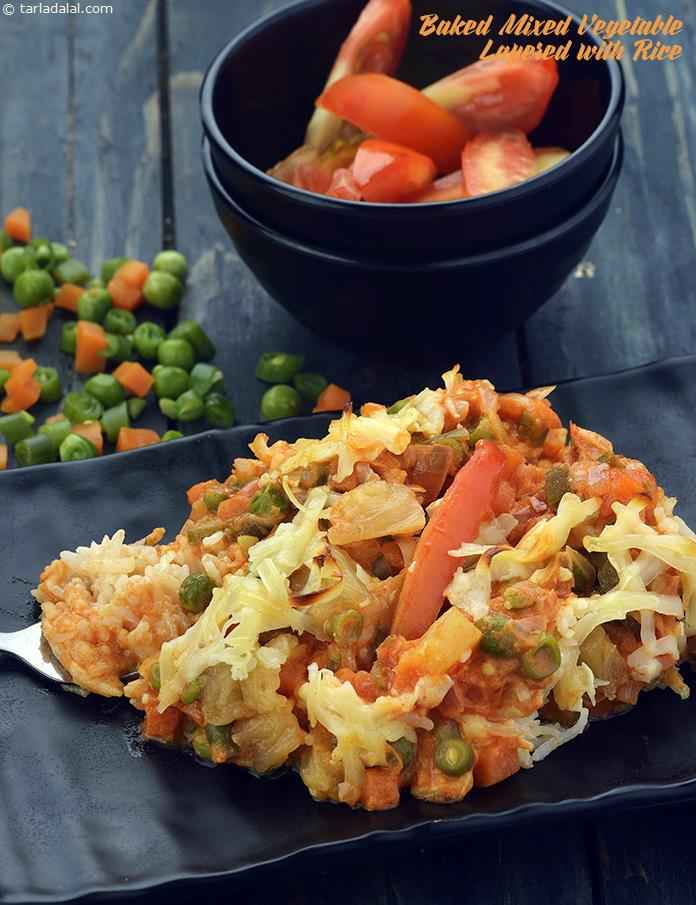 Baked Mixed Vegetable Layered with Rice | Tarla Dalal