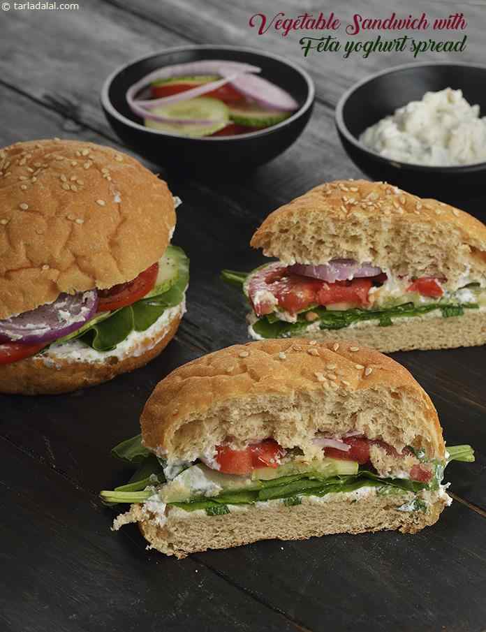 Vegetable Sandwich with Feta Yoghurt Spread | Tarla Dalal