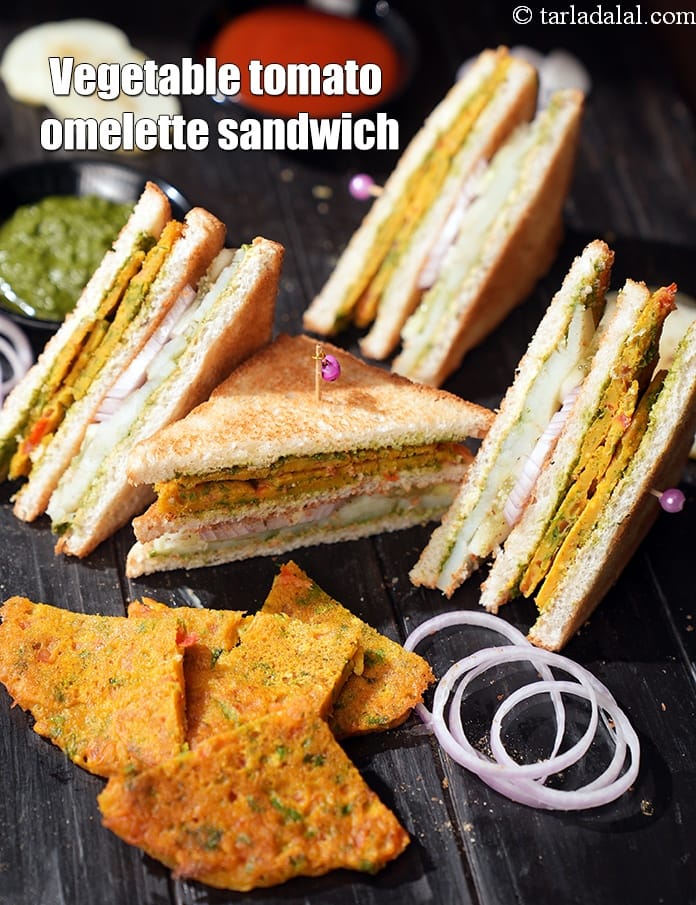 Vegetable tomato omelette sandwich recipe | eggless omelette sandwich | Indian tomato omelette sandwich | | Tarla Dalal