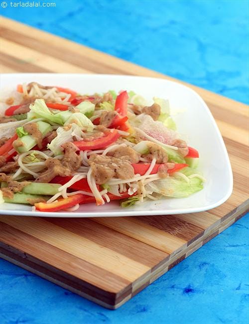 Cucumber, Tomato and Noodle Salad in Peanut Dressing | Tarla Dalal