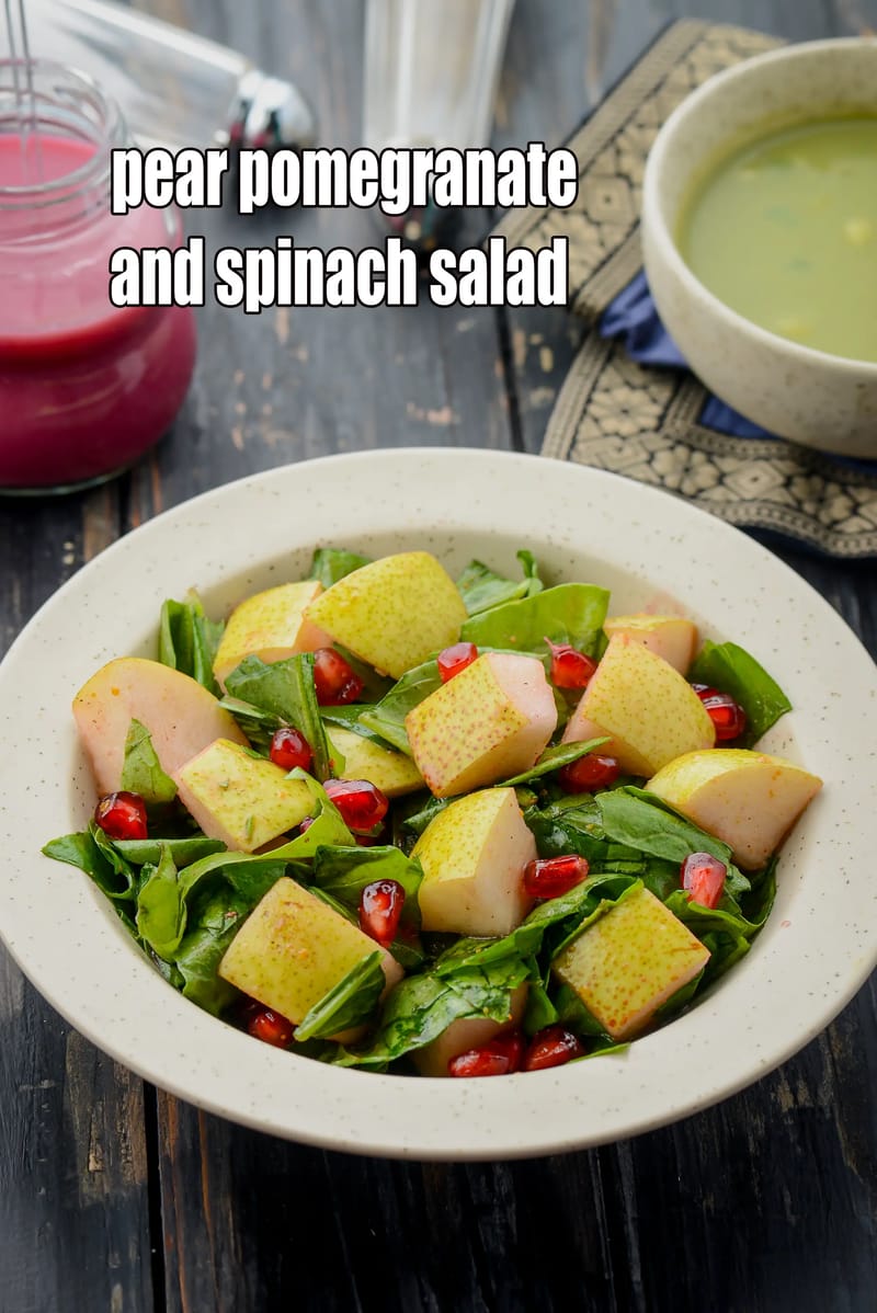 Pear pomegranate and spinach salad recipe | pomegranate and pear green salad | healthy spinach and pomegranate salad | Indian style pomegranate spinach salad | | Tarla Dalal