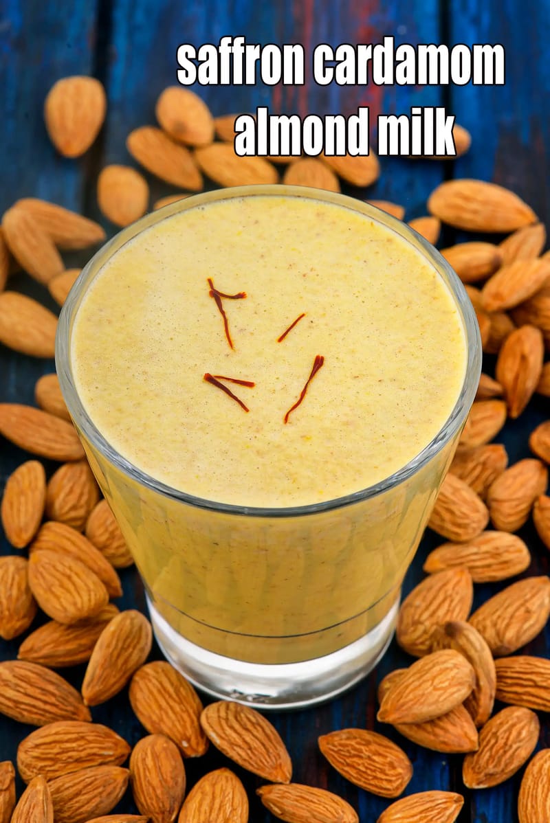 Saffron cardamom almond milk recipe | cardamom and saffron almond milk | kesar badam milk | saffron almond milk - healthy vegan breakfast recipe | saffron almond milk shake | | Tarla Dalal