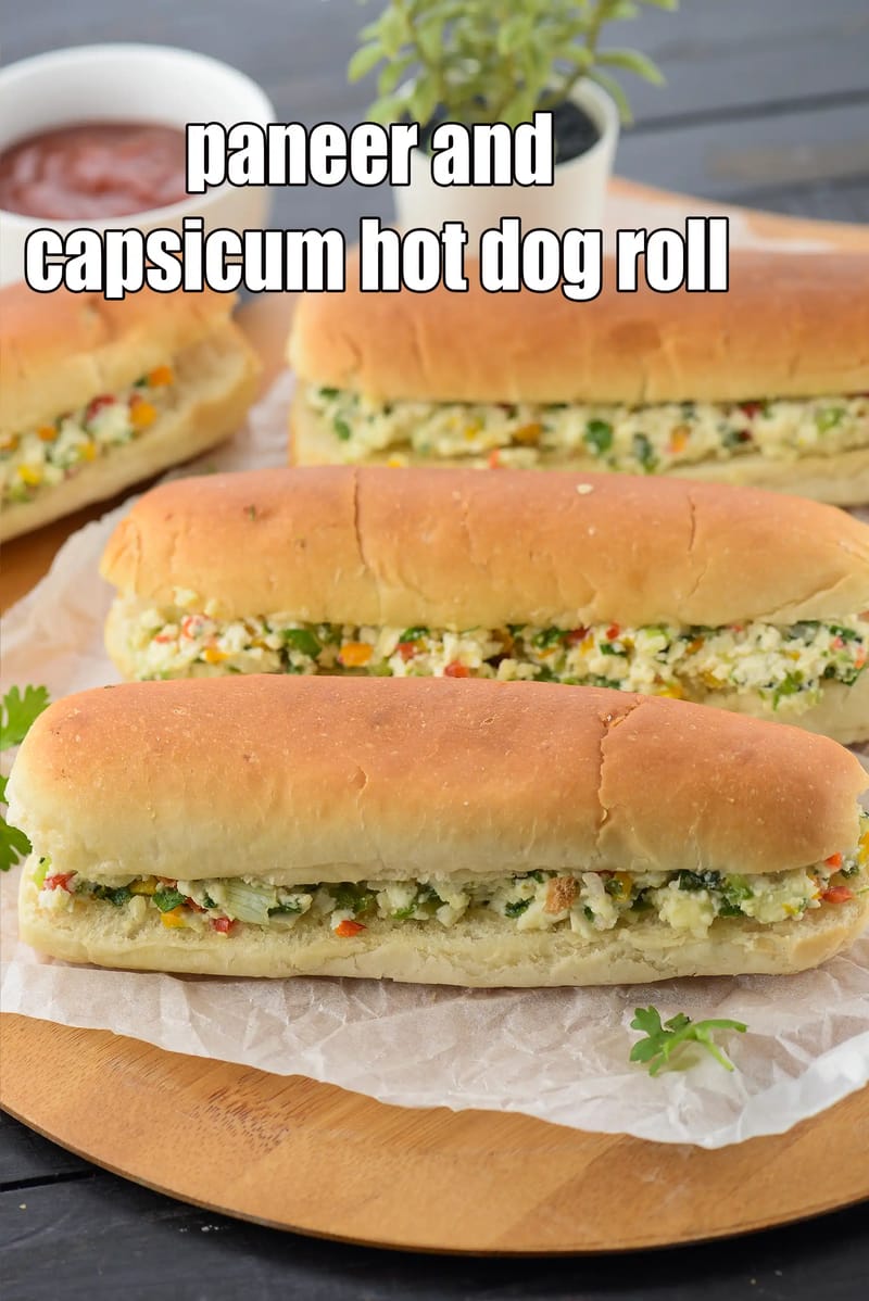 Paneer and capsicum hot dog roll recipe |  paneer vegetarian chilli hot dog | cheesy paneer hot dog | | Tarla Dalal
