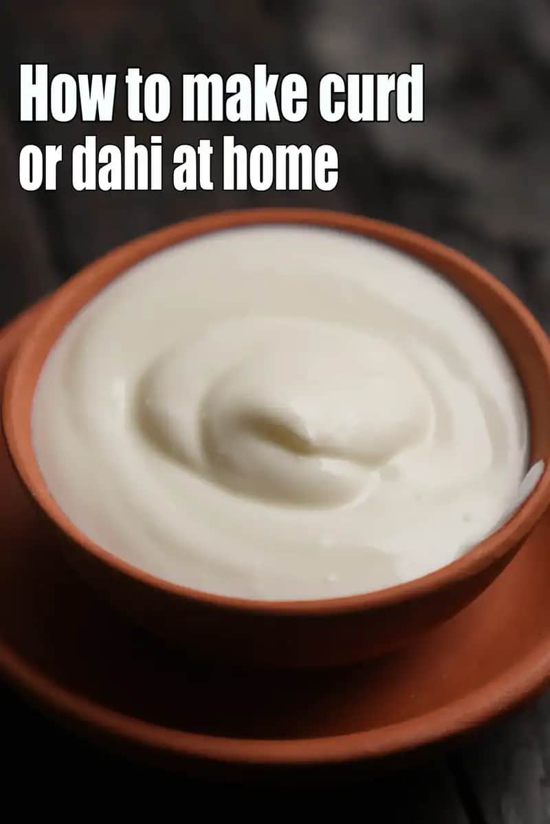 A top-down close-up of thick, creamy homemade curd (dahi) with a smooth swirl on top, served in a traditional terracotta (clay) bowl. The bowl sits on a matching clay saucer against a dark, rustic background.