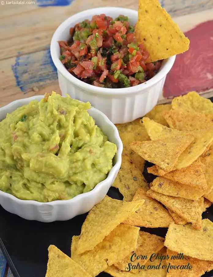 Corn Chips With Salsa And Avocado Dip Recipe (Jain Salsa)