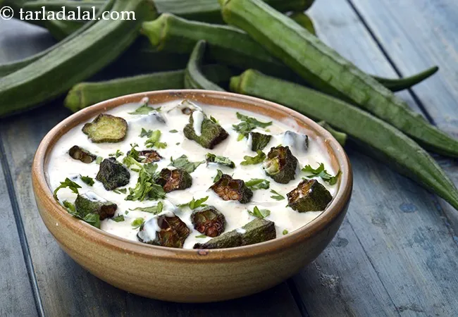 bhindi raita recipe | okra raita | lady finger raita | fried okra in spicy yoghurt