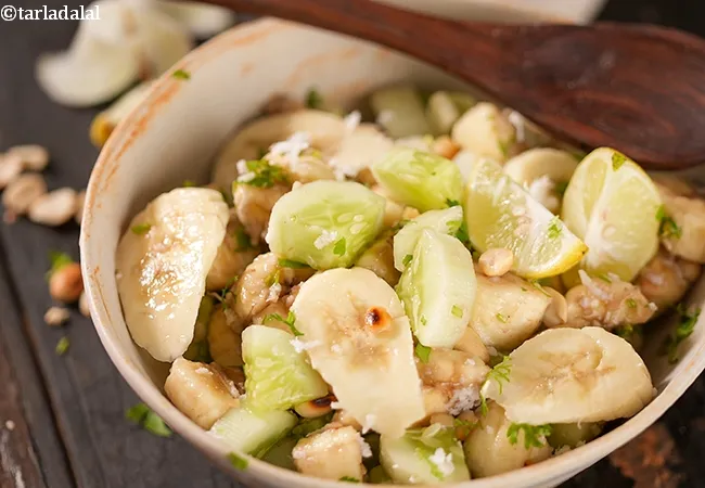 banana cucumber salad recipe | Indian cucumber banana peanuts salad | healthy banana cucumber coconut salad |