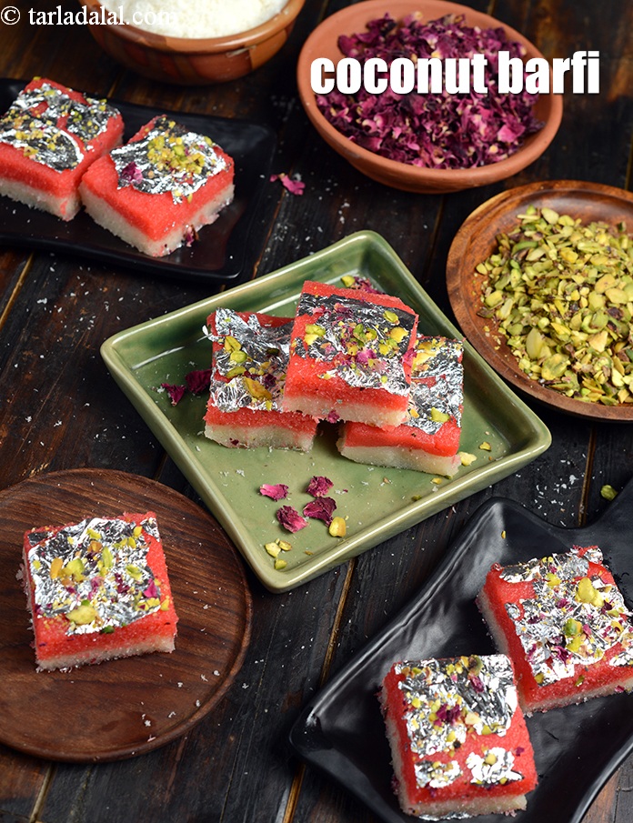 Calories in Coconut Barfi, Layered Rose Coconut Barfi Recipe