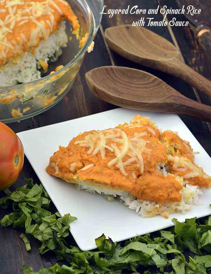 Layered Corn and Spinach Rice with Tomato Sauce