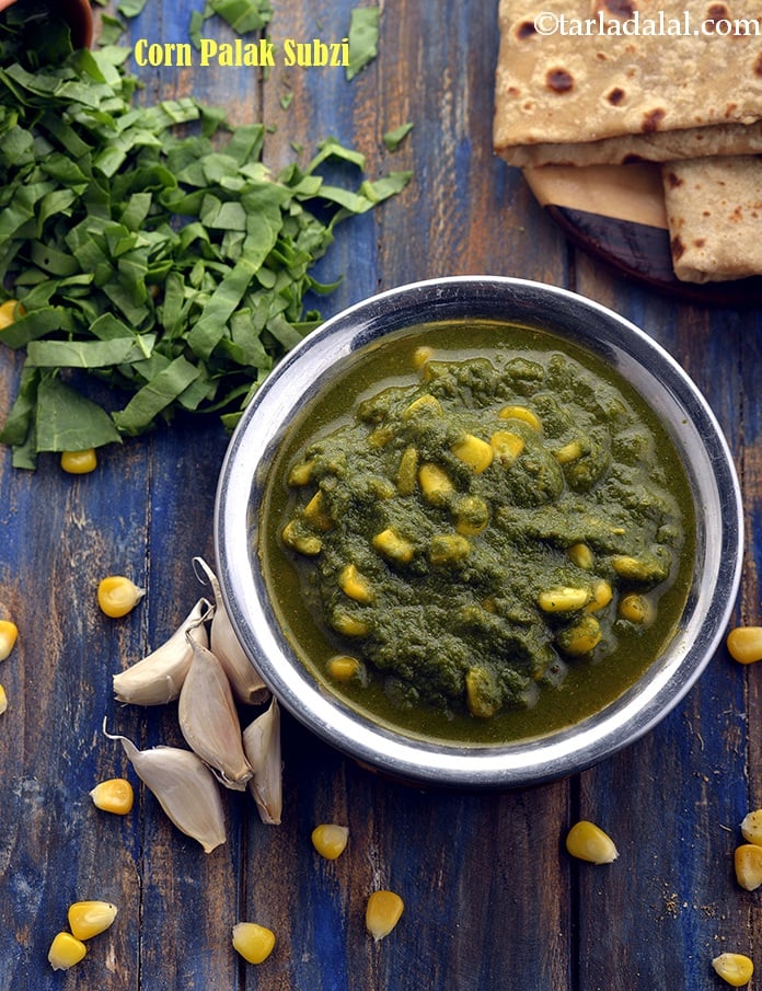 Calories in Corn Palak Sabzi, Healthy Sweet Corn Spinach Sabzi