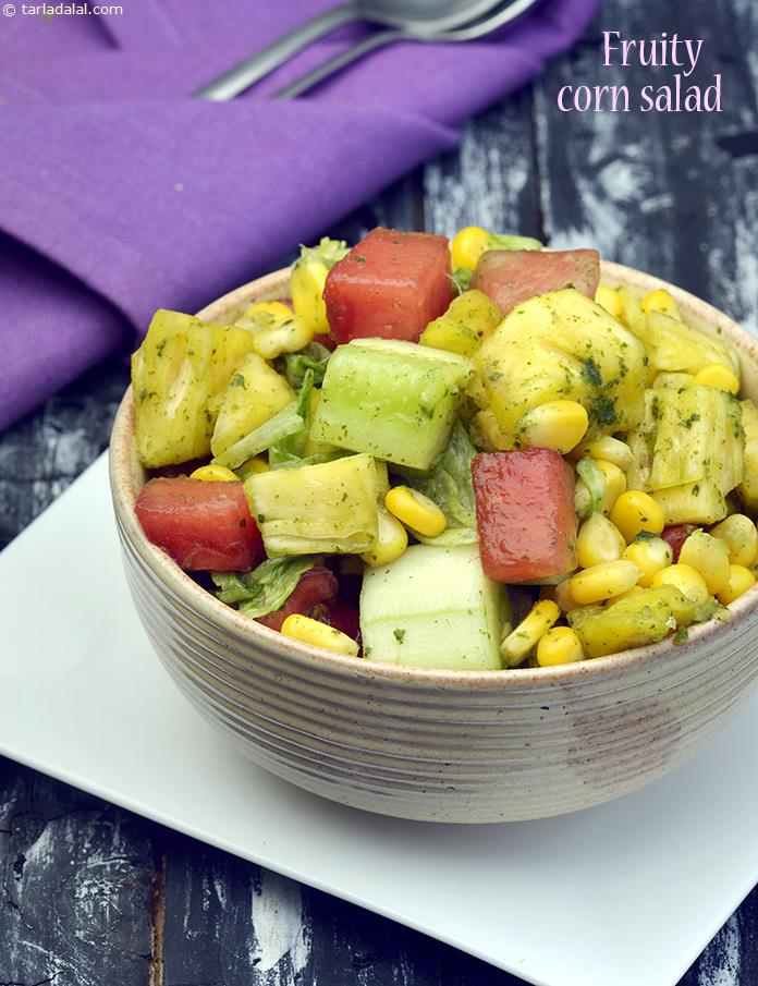 Calories in Fruity Corn Salad, Fruit, Corn and Cucumber in Mint Dressing