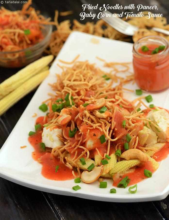 Fried Noodles with Paneer, Baby Corn and Tomato Sauce