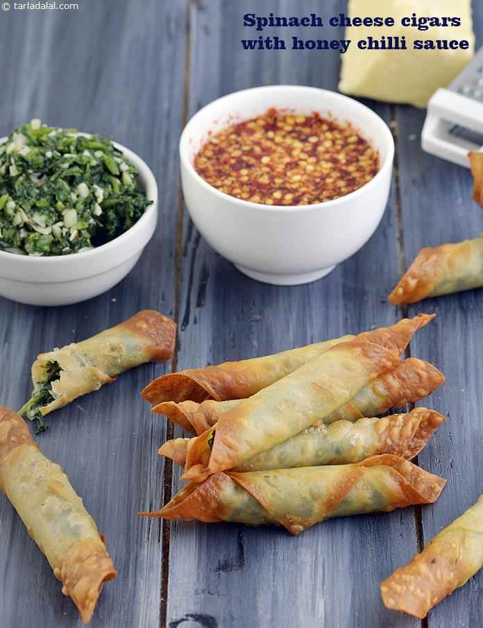 Spinach Cheese Cigars with Honey Chilli Sauce