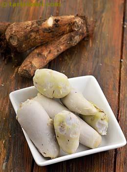 boiled and peeled colocasia roundels