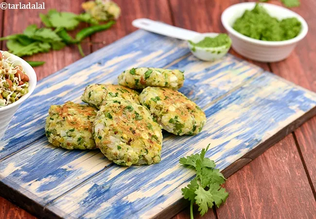 mixed sprouts and chana dal tikki recipe | chana dal tikki | Indian sprouted beans cutlet | healthy protein rich sprouts tikki |
