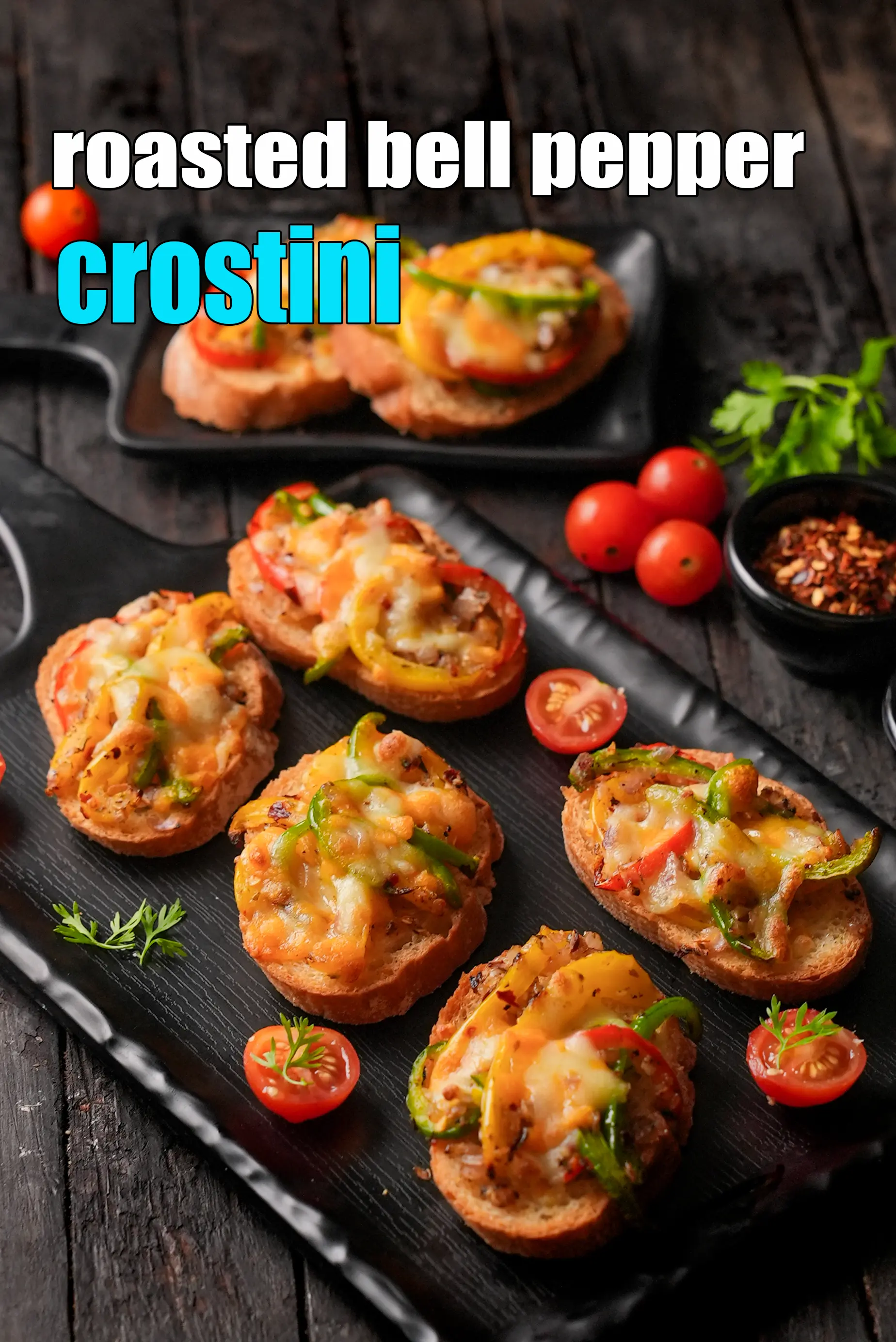 roasted bell pepper crostini recipe | Indian style bellpepper bruschetta | roasted pepper crostini |