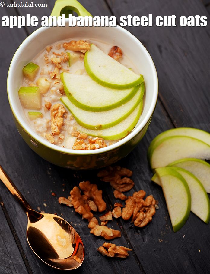 apple and banana steel cut oats recipe | vegan banana apple steel cut oatmeal with almond milk | healthy Indian apple and banana steel cut oats |