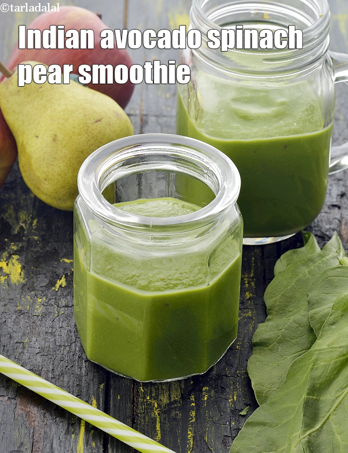 Indian avocado spinach pear smoothie recipe | healthy pear smoothie with avocado and spinach | pear avocado spinach smoothie