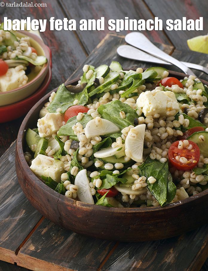 barley feta and spinach salad recipe |Â Indian pearl barley with spinach and feta |Â Mediterranean spinach barley salad |