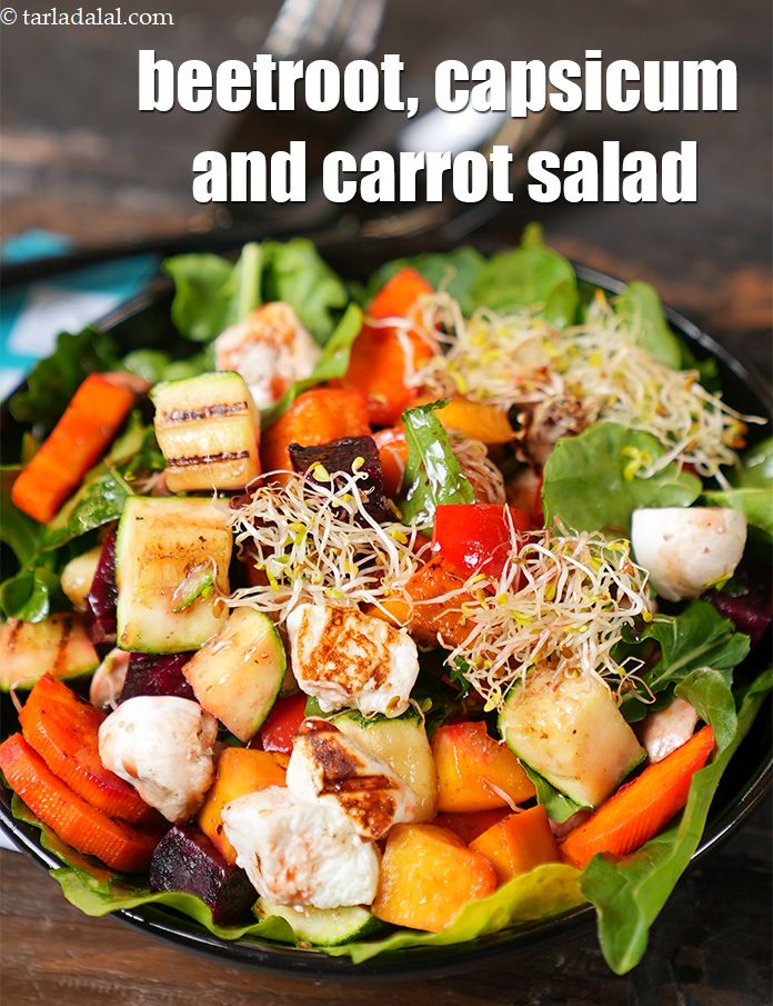 beetroot, capsicum and carrot salad recipe | healthy paneer rocket leaves and alfalfa sprouts salad |