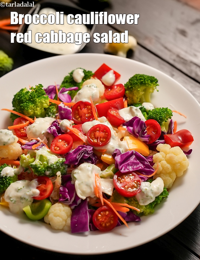 broccoli cauliflower red cabbage salad recipe | low carbÂ broccoli cauliflowerÂ salad |Â Indole rich healthy Indian salad |Â 