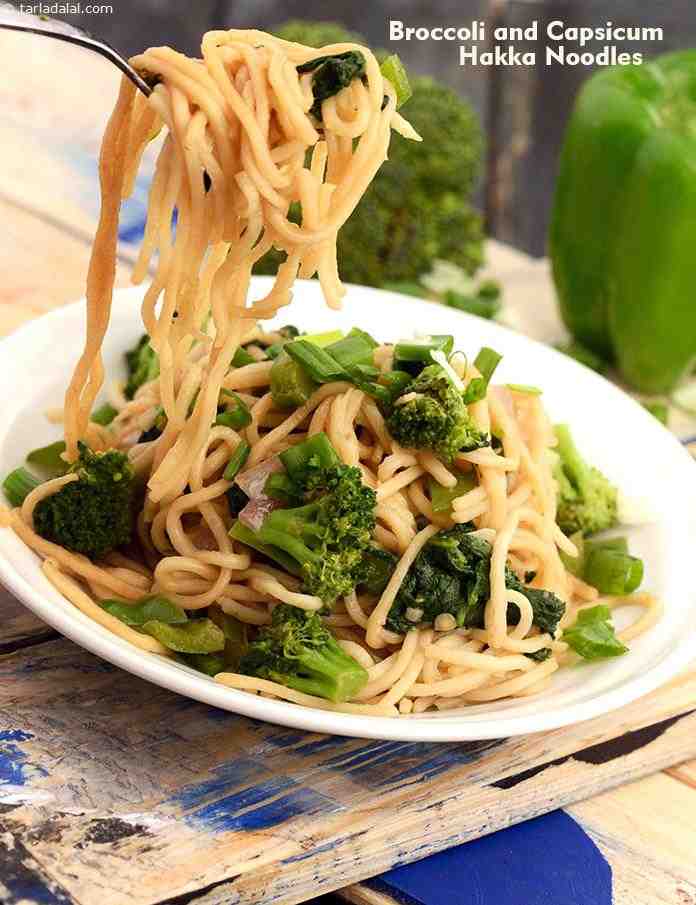 Broccoli and Capsicum Hakka Noodles recipe, Vegetarian Recipes