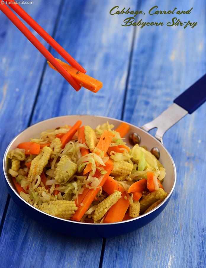 Cabbage, Carrot and Babycorn Stir-fry recipe, Low Cholesterol Foods