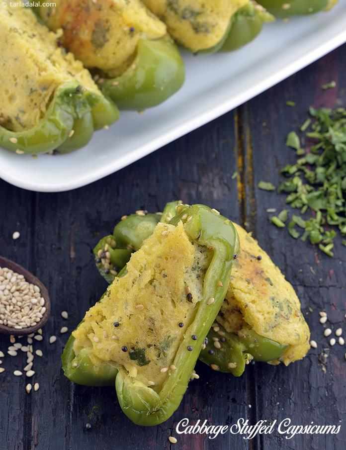 Cabbage Stuffed Capsicums recipe, Indian Microwave Recipes