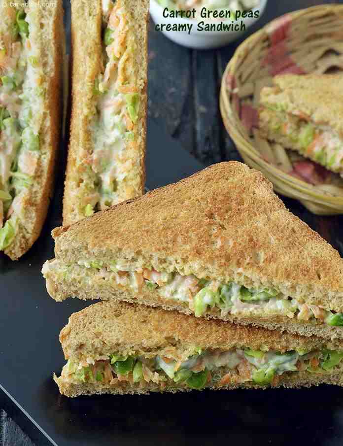 Carrot, Green Peas Creamy Sandwich, Creamy Toast Sandwich recipe, Sandwich Recipes