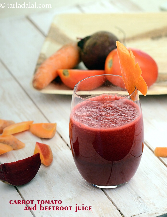 beetroot carrot tomato juice recipe | healthy Indian carrot tomato beetroot juice |