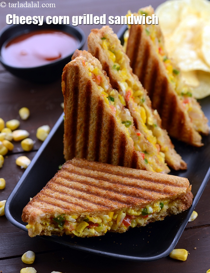 cheesy corn grilled sandwich recipe | corn cheese grilled sandwich | Indian sweet corn sandwich |