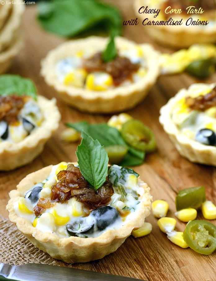 Cheesy Corn Tarts with Caramelised Onions recipe, Savoury corn tarts