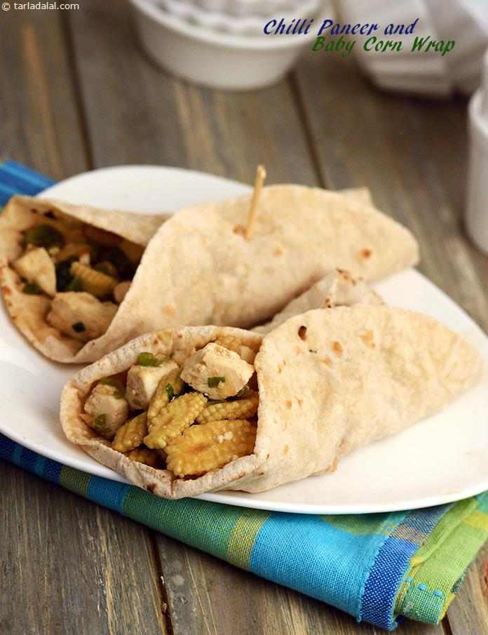 Chilli Paneer and Baby Corn Wrap recipe, Indian Healthy Snack Recipes