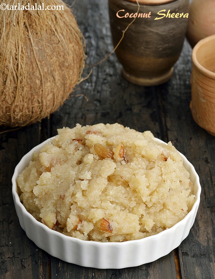 coconut sheera | coconut rava sheera | nariyal sheera | coconut sheera with mava